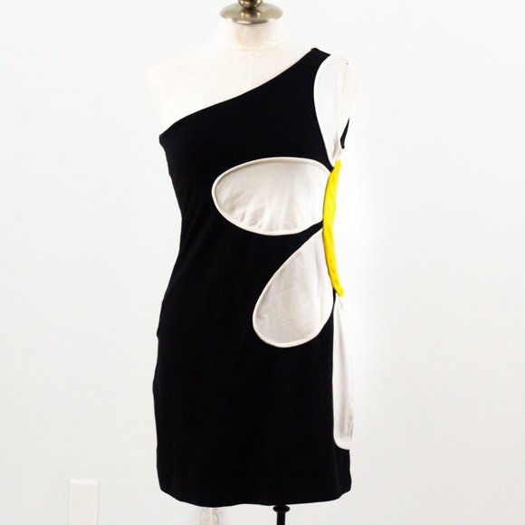 Vintage 90s L Thick One Shoulder Daisy Dress Black - Picture 8 of 10